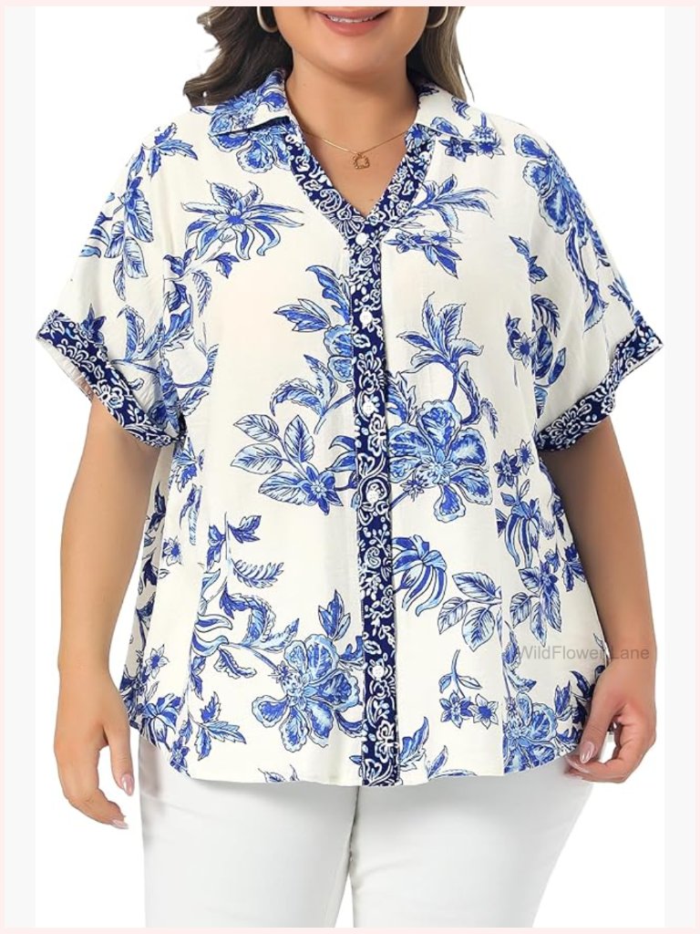 Plus Size Womens Button Down Floral Blouse Short Sleeve V Neck Summer Top